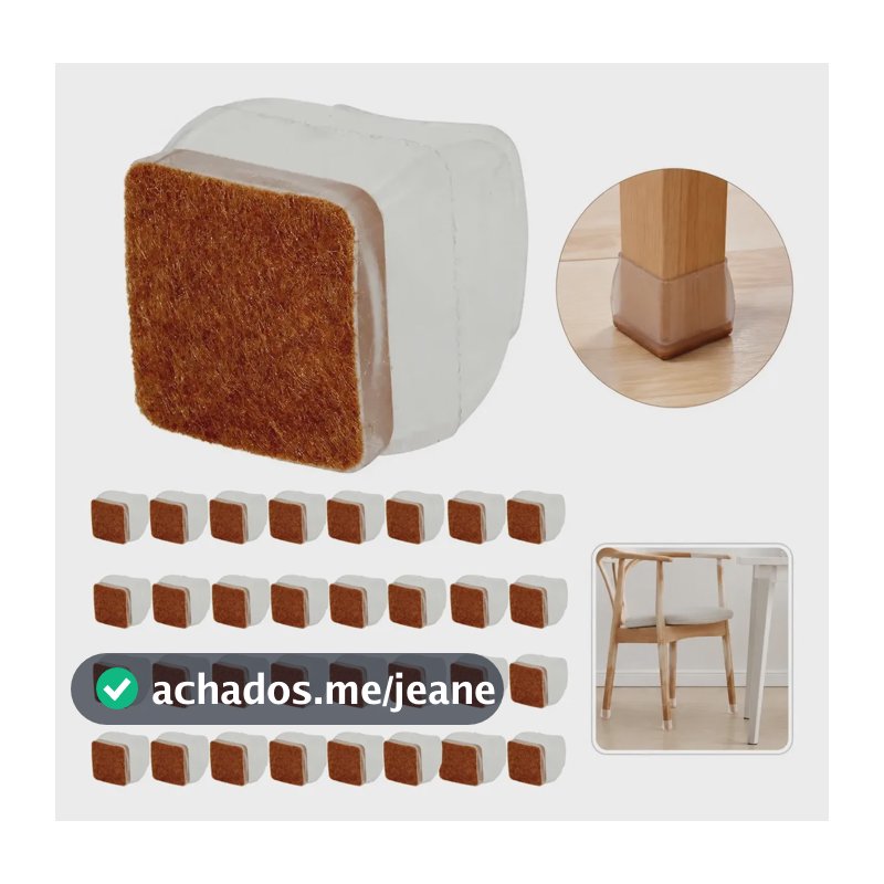 Kit 32 Proteção Pé Cadeira Moveis C/ Feltro Quadrado 22-33mm Transparente