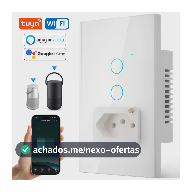 Interruptor Inteligente Touch 2 Tecla com Tomadas 10A Tuya Smart Life Compatível Alexa Google Home Automação Residencial Painel Vidro Branco Controle por App Wifi 2.4ghz Rf433 FORESTORY