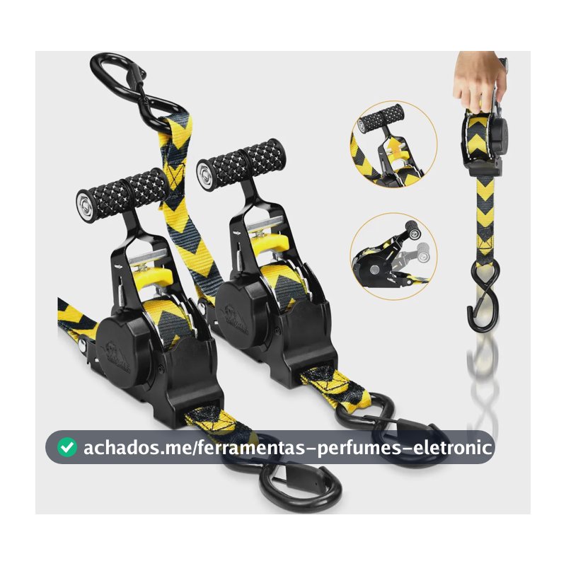 Kit 2 Cinta Catraca Retrátil Automática  Carga 800kg 3m 25mm Amarelo