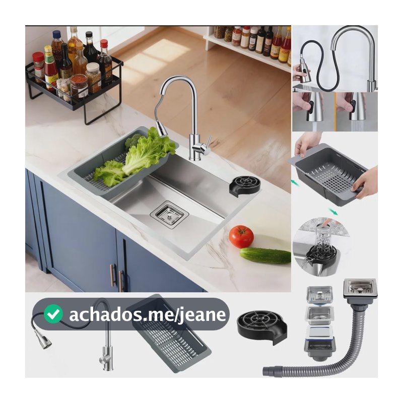 Cuba Pia Cozinha Inox 304 60x40cm Com Torneira Retrátil Kit Prateado