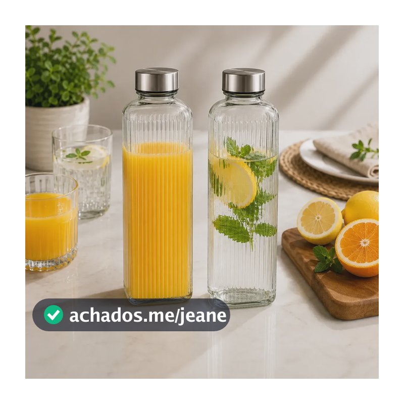 Kit 2 Garrafas Vidro Canelada 1l Tampa Hermética Inox Luxo Transparente