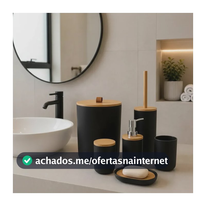 Kit Acessórios Banheiro 6 Peças Lixeira Escova Sanitária Dispenser Sabão Líquido Porta Escova Dente Saboneteira Cor Preto