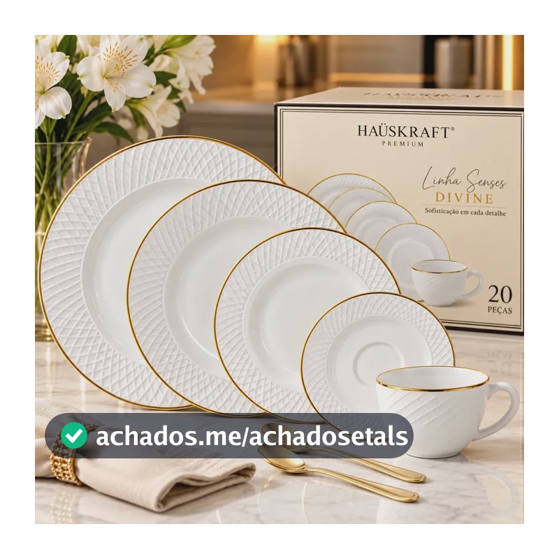 Aparelho De Jantar 30 Peças Hauskraft Premium Divini Branco Borda Dourada Mesa Posta + Brinde 6 Colheres De Chá Café Douradas 30 Pçs Divini Catarina