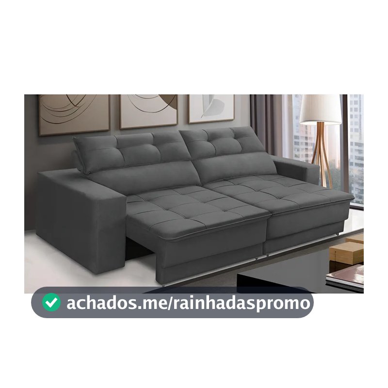 Sofá Retrátil e Reclinável 3 Lugares 1,90m com Molas Emily Suede Cinza Adonai Estofados
