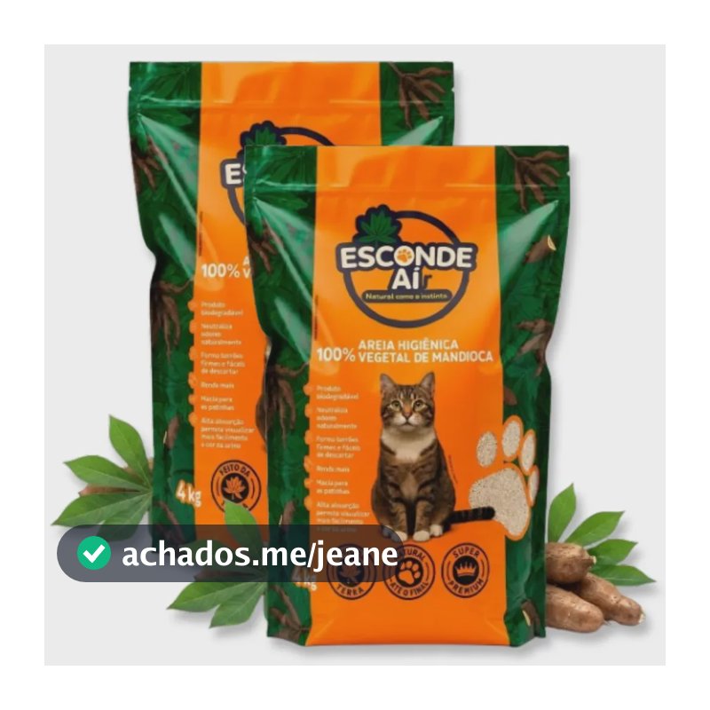 Kit com 2 Areias Sanitárias Esconde Ai de Mandioca Biodegradável para Gatos, 8kg no Total