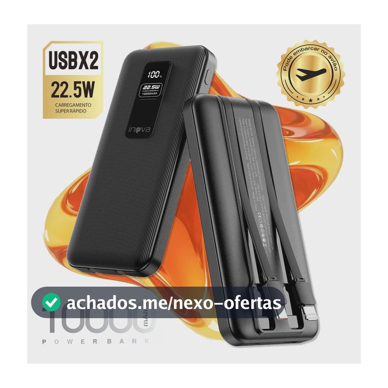 Inova Carregador Portátil Turbo 22.5w Power Bank 10.000mah Universal Externa Cor Preto