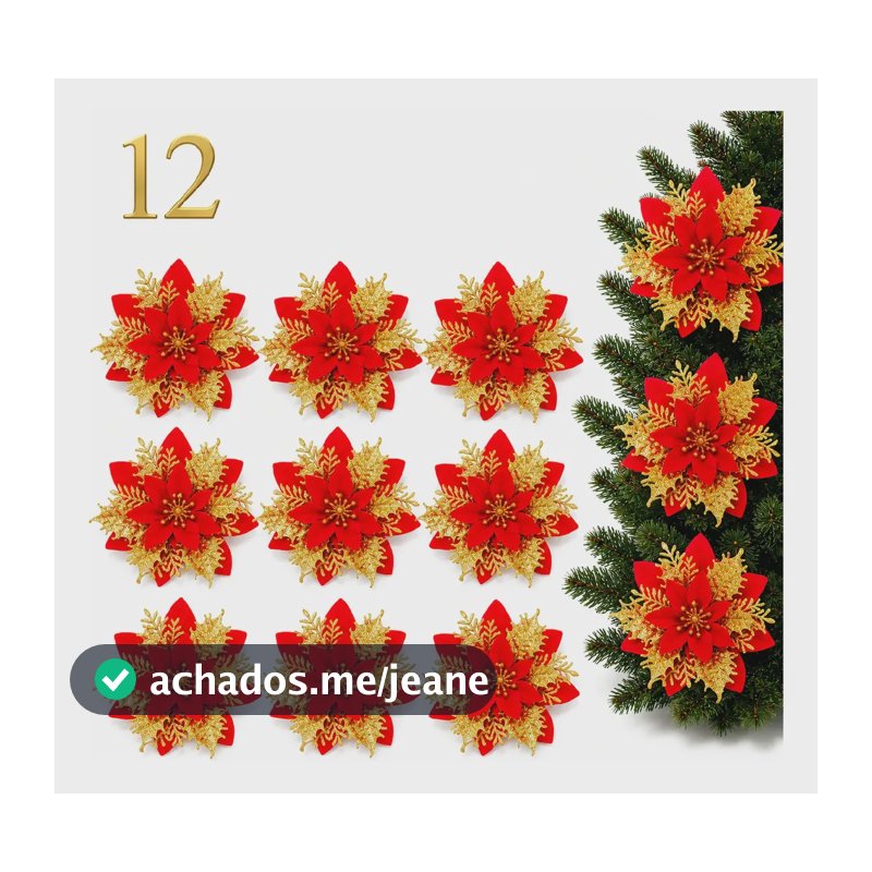 Kit 12 Flores De Natal Arvore Decoração Enfeites Brilhante Mista Flores