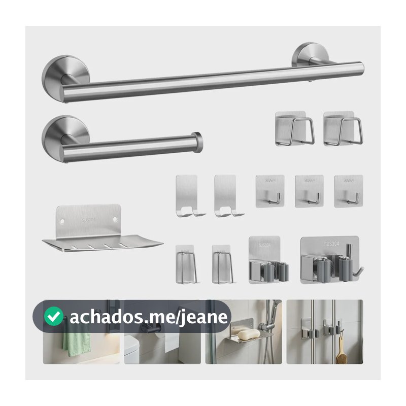 Kit 14 Peças Acessórios Banheiro Inox 304 Suporte Toalha Cinza