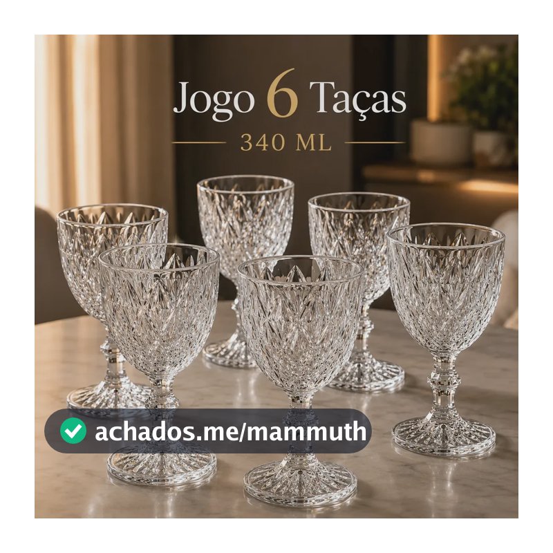 Kit de 6 Taças Diamond Luxena para Vinho e Drinks 340 mL Luxo Elegante Água Suco Champanhe Restaurante Bar Adega Taça Lapidada Com Pé Cálice Transparente Textura Diamante Relevo Conjunto Espumante