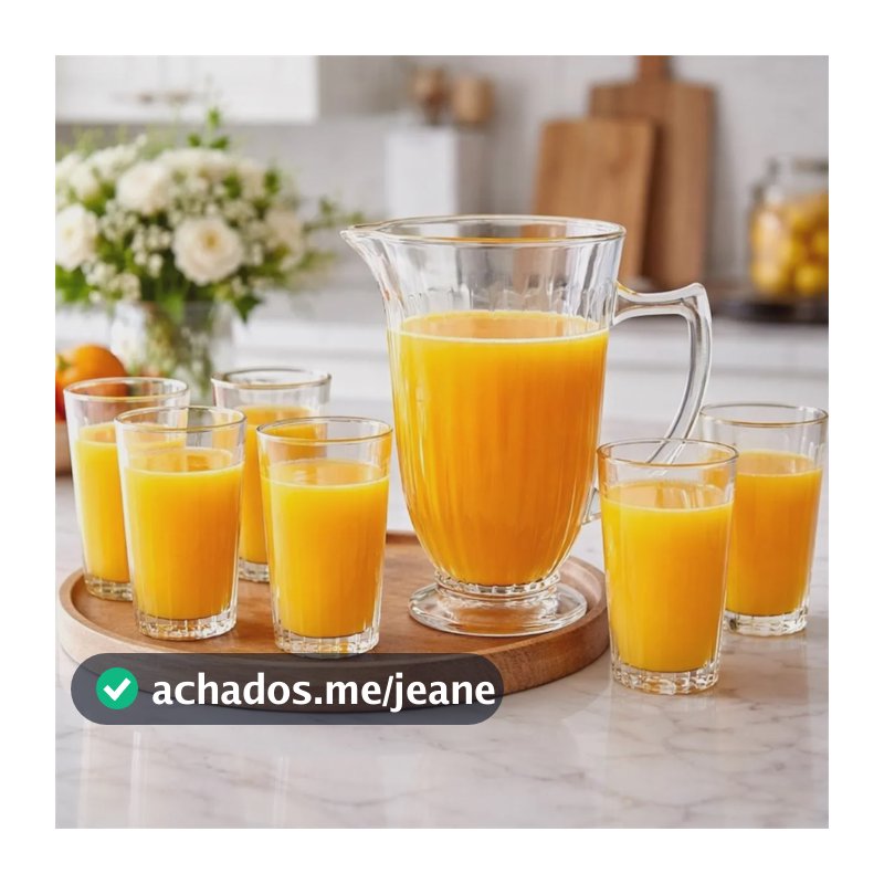 Jogo Jarra 1l E 6 Copos 265ml De Vidro Canelado Melina Transparente Com Borda Dourada