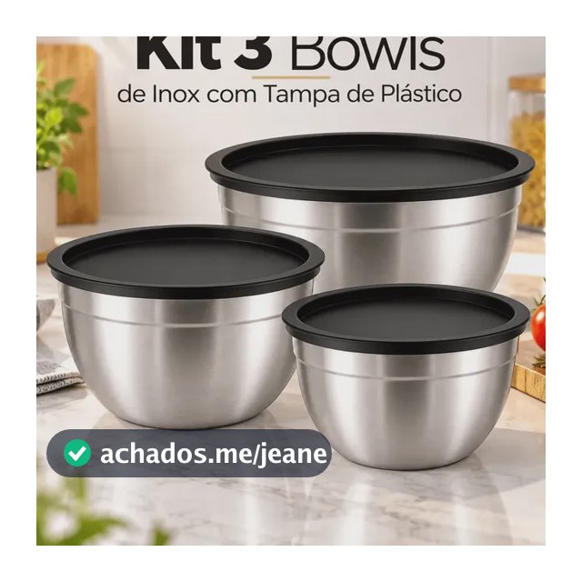Kit 3 Bowls Inox Com Tampa Hermética 22cm 20cm 18cm Potes Aço Inox Cozinha Armazenamento Alimentos A Tabuleria