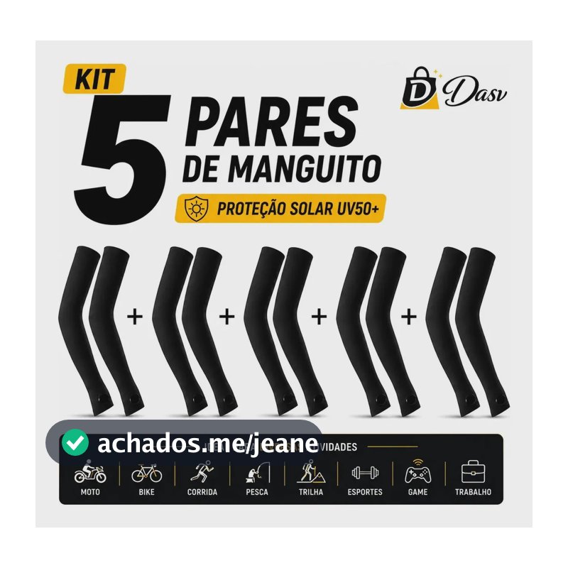 Conjunto Kit 5 Pares Manguito Proteção Solar Moto Manga Bike Motocicleta Braço Esporte Futebol Volei Pesca Trilha Dasv