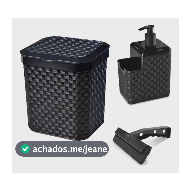 Kit Cozinha 3 Pçs Lixeira Rodinho Pia Porta Detergente  Preto