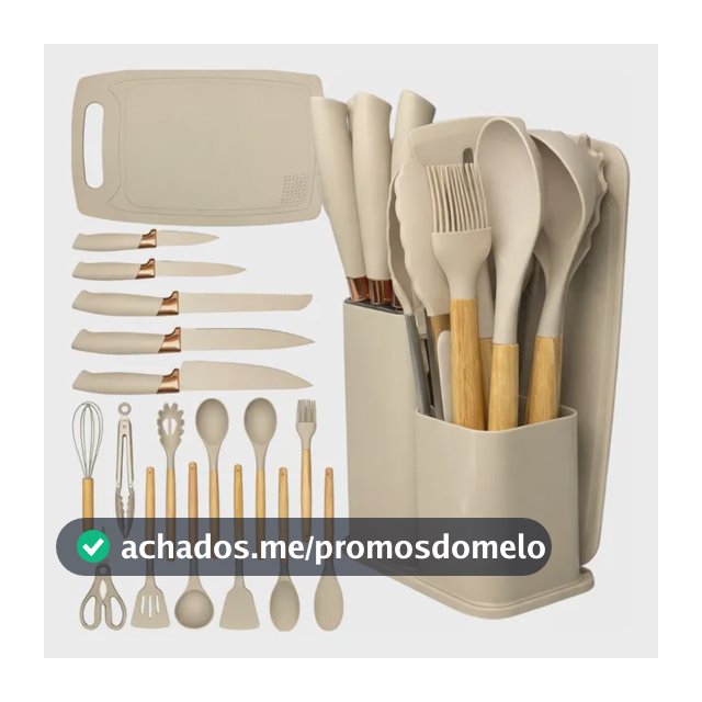 Kit Utensílios Silicone C/ Cabo De Madeira E Facas Em Inox