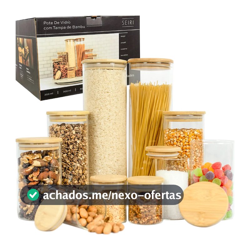 Kit 10 Potes Herméticos Vidro Tampa Bambu Seiri Para Mantimentos Cozinha