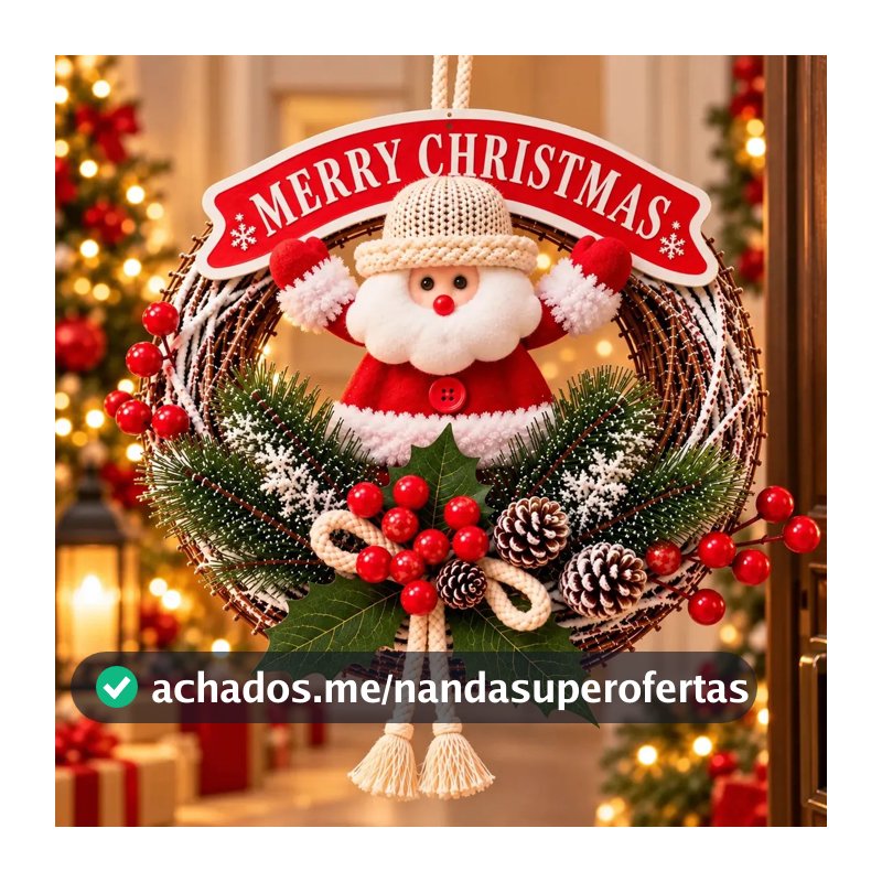 Guirlanda Papai Noel Natalina Enfeite Decoração De Natal Porta Galhos Luxo 23cm Para Porta De Apartamento Casa Parede