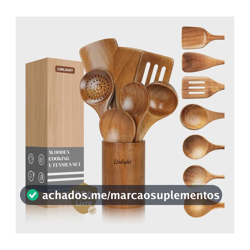Kit 8 Utensilios Cozinha Escumadeira Madeira Resistentes Ao Calor Com Balde Organizador