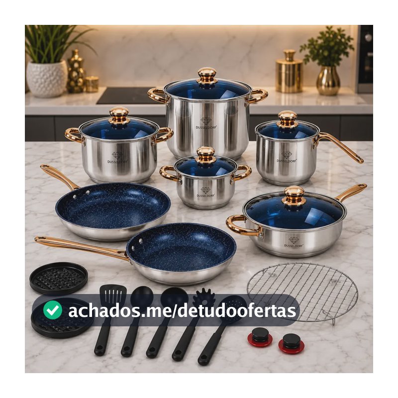 Jogo Panelas Inox 23 Peças Dusseldorf Completo C/ Utensílios Prateado