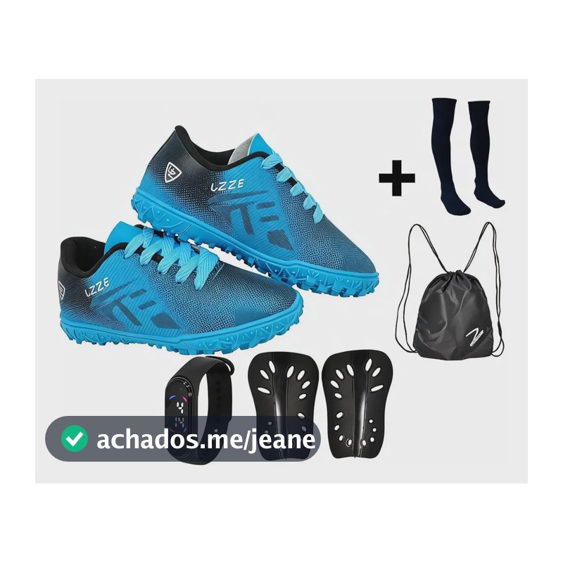 Chuteira Society Uz + Meião Caneleira Mochila Relógio Azul Infantil Uz 32