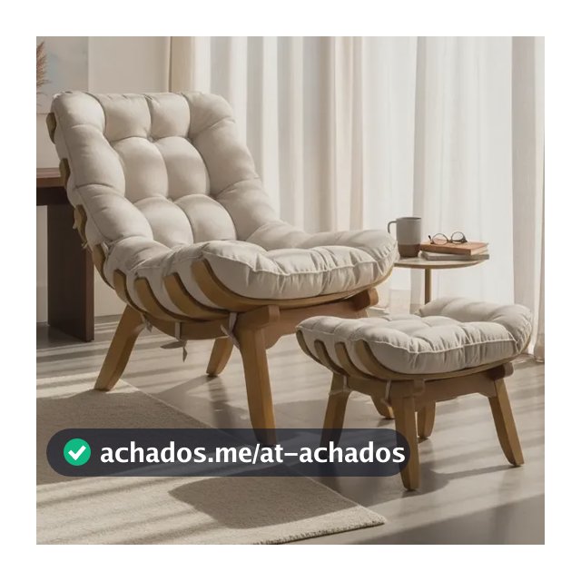 Poltrona Com Puff Costela Madeira Sala Hall Linho Bege Bege