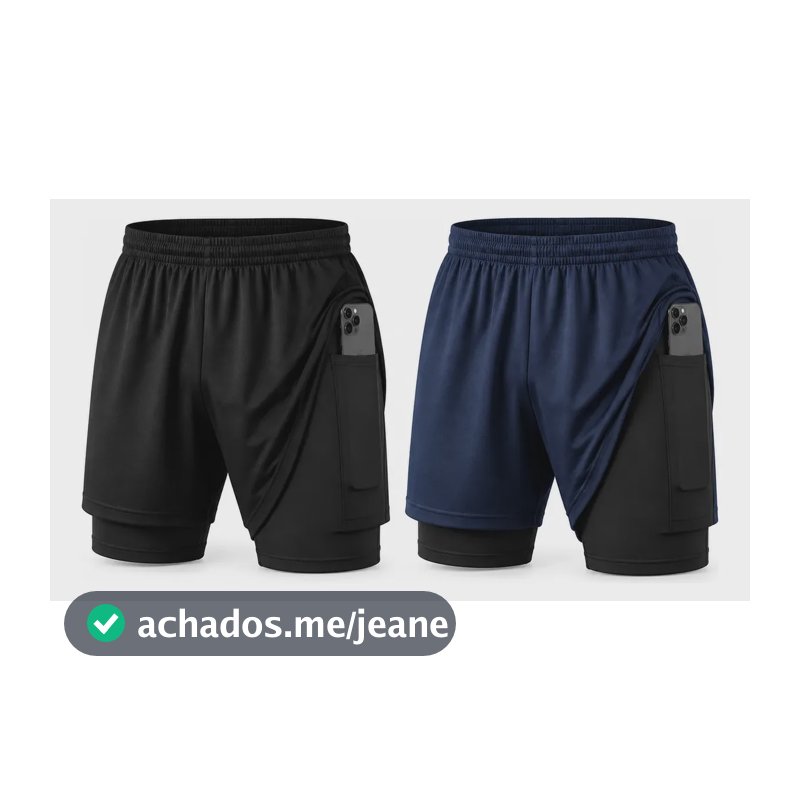 Kit 2 Shorts 2 Em 1 Masculino Dry Fit Academia Bolso Interno Preto - Azul P