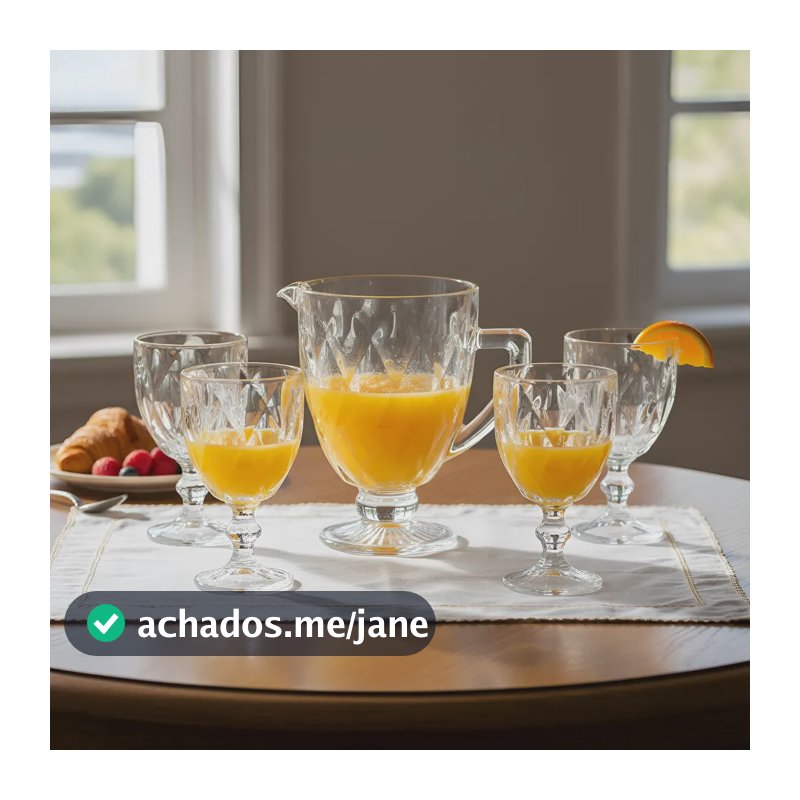 Kit Jarra Vidro 1,2litros + 4 Taças Vidro 330ml Diamond Transparente Jogos Diamante Mesa Posta Café Da Manhã Luxo Vapt Vupt