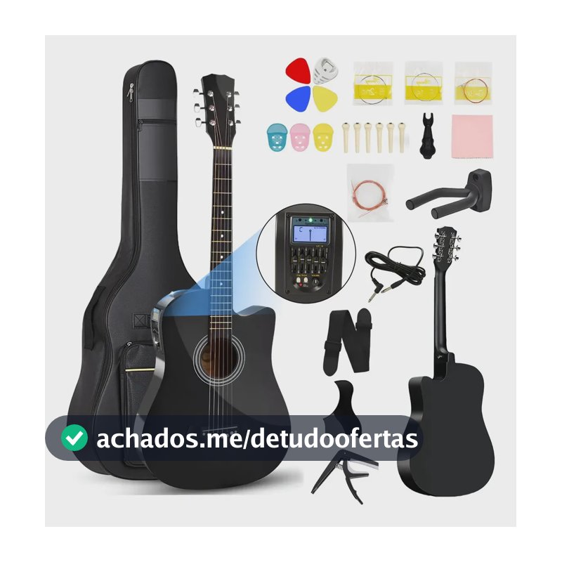 Kit 38 In Violão Acústico Eletroacústica Con Afinador Integradas + Estojo Para Destros Com Afinador Cor Preto