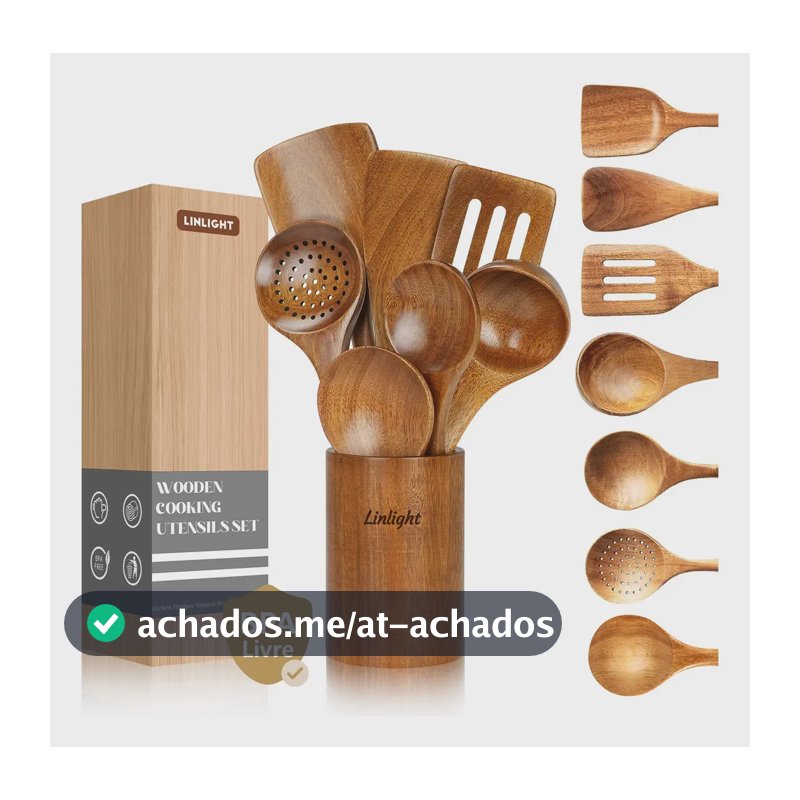 Kit 8 Utensilios Cozinha Escumadeira Madeira Resistentes Ao Calor Com Balde Organizador