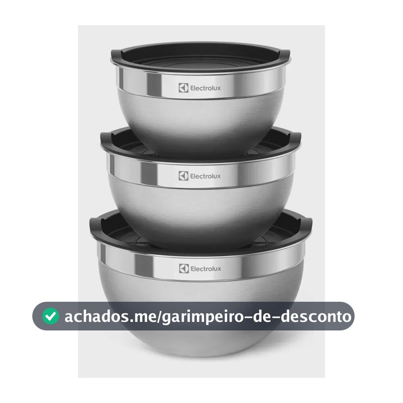 Electrolux Kit 3 Bowls Tigelas de Aço Inox com Tampa Plástica, 1,4L, 2L e 2,6L