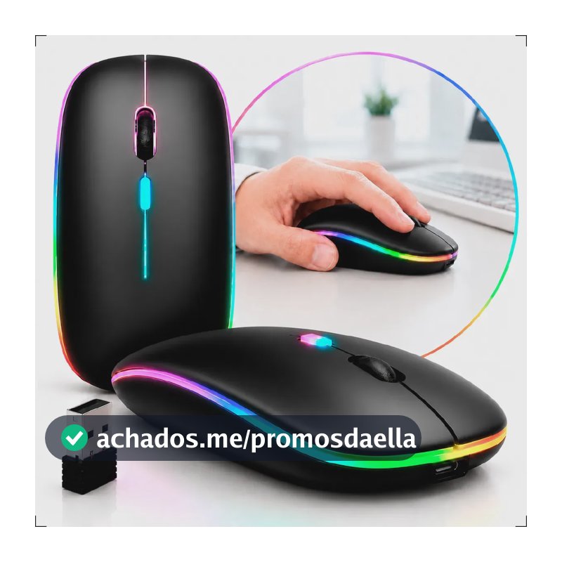 Mouse Sem Fio Recarregável Wireless Bluetooth Optico Led Rgb Ergonômico Para Pc Desktop Notebook Tablet Smartphone Preto