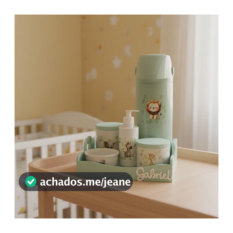 Kit Higiene Bebê Porcelana Safari Garrafa Verde Bandeja Coração