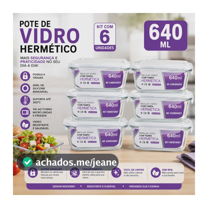 Kit 6 Potes 640ml Vidro Borossilicato Hermético 4 Travas Marmita Forno Freezer