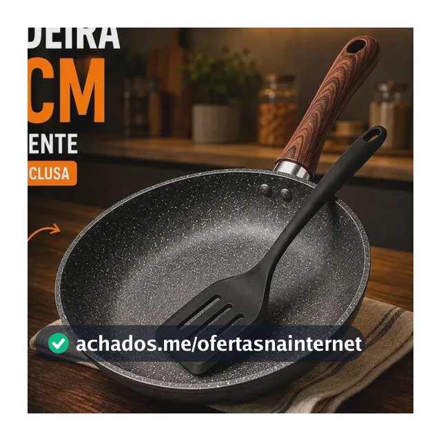 Frigideira Antiaderente Cerâmica Granito 24cm com Espátula Cabo de Madeira Indução Cooktop e Fogão a Gás Não Gruda Sem Óleo Viacruz