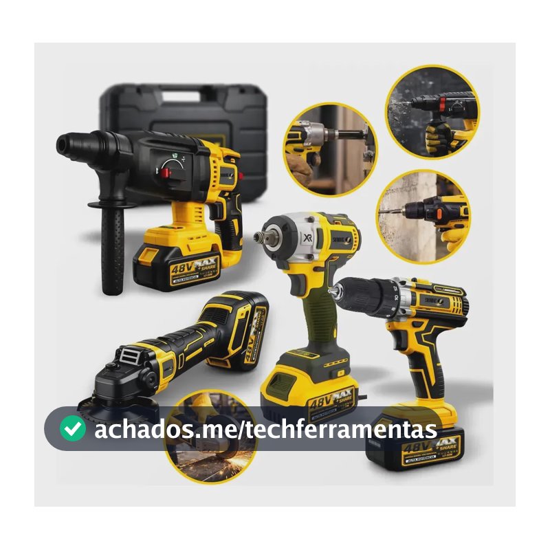Kit Multi Ferramentas 4 Em 1 48v Sem Fio Com 2 Baterias Furadeira Parafusadeira Martelete Esmerilhadeira Chave De Impacto Com Maleta Alta Potência Uso Profissional E Doméstico Simake