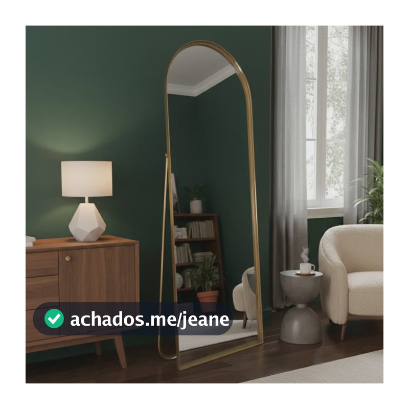 Espelho De Chão Base Reta Corpo Inteiro Com Moldura E Suporte Dourado 146x36cm