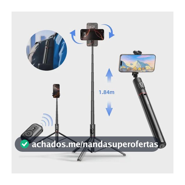 Tripé Bastão De Selfi Retrátil Com Controle Remoto Bluetooth com Controle , 1.84m, Remoto sem Fio, Portátil, Leve e Extensível, Compatível com ios e Android,Cor preto