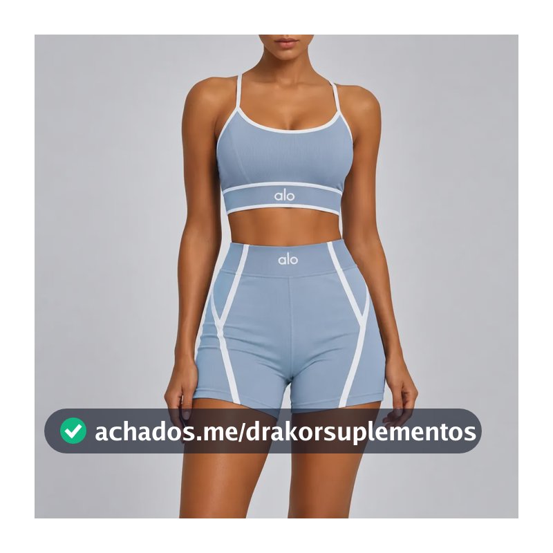 Conjunto Fitness Feminino Yoga Alo Top E Shorts Meia Coxa Azul Lisa P/m