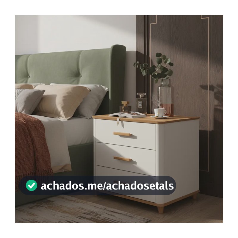 Mesa De Cabeceira Mini Cômoda 3 Gavetas Maitê Off white com brilho e nature com fosco