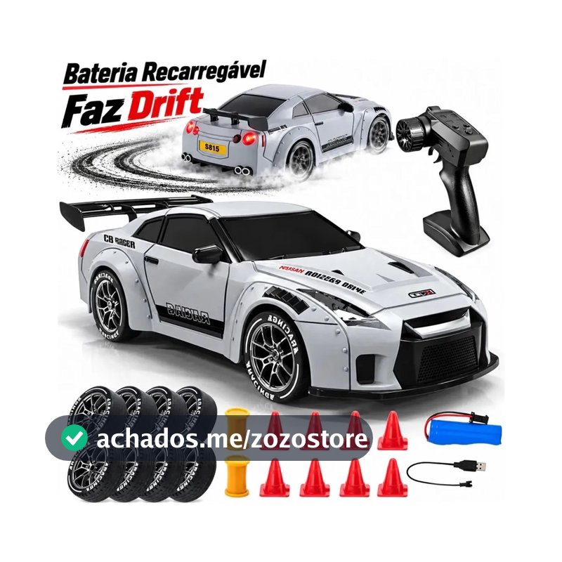 Carrinho Controle Remoto Faz Drift Bateria Recarregavel 4x4 Nissan Gtr R35 Atacarejo Kids Completo Troca Rodinhas Cones Barril