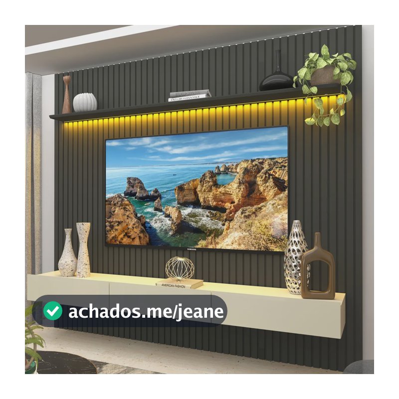 Painel Para Tv Até 90 Polegadas 229x250cm Ripado Com Led Grafite/off White