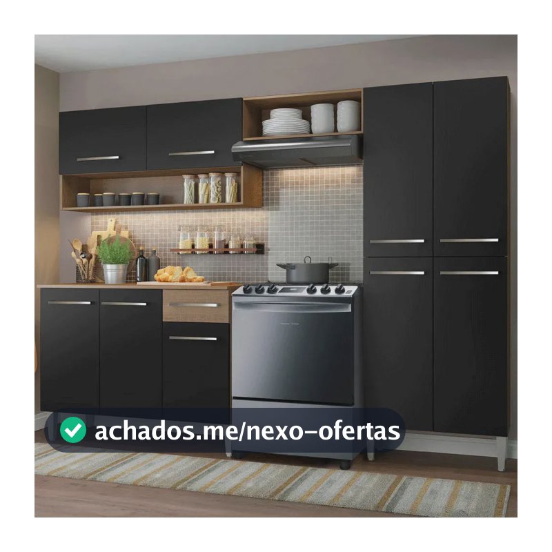 Armário de cozinha modulada completa compacta Emilly pop com armário e balcão cor rustic/preto GREM229002
