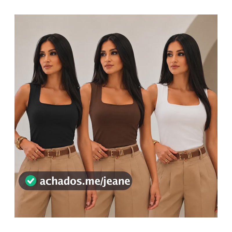 Kit 3 Blusa Suplex Decote Quadrado Regata Feminina Lisa Preto/branco/marrom 40 - 42