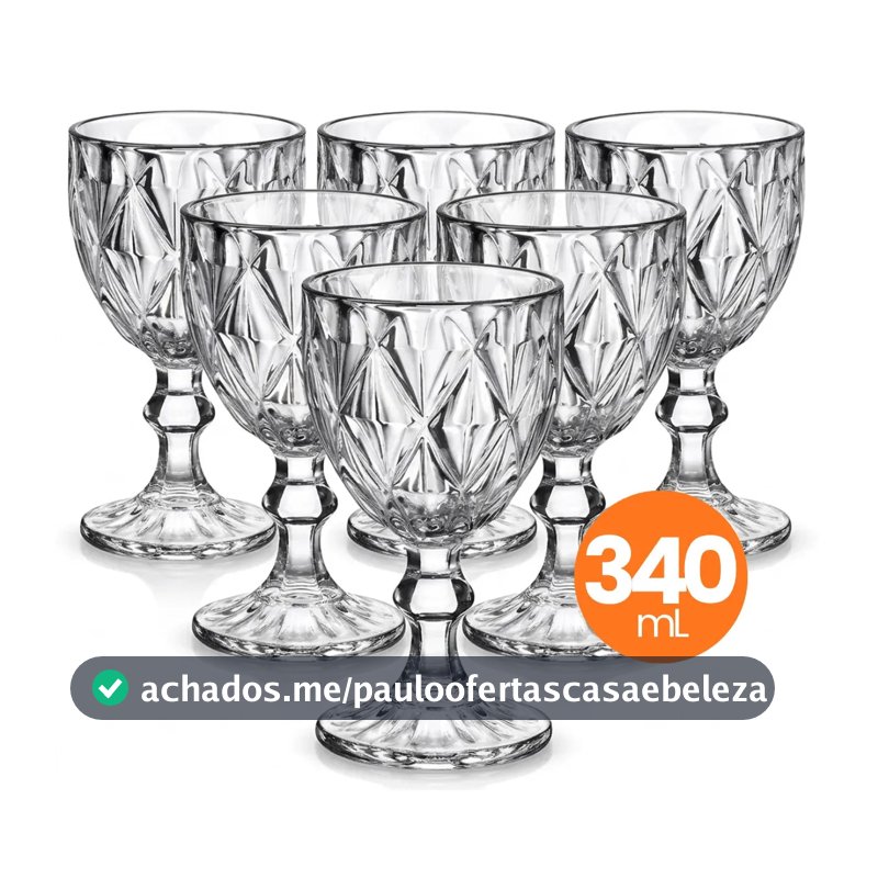 Jogo 6 Taças Vidro Diamond 340ml Conjunto Mesa Posta Água Suco Cozinha Decoração Presente