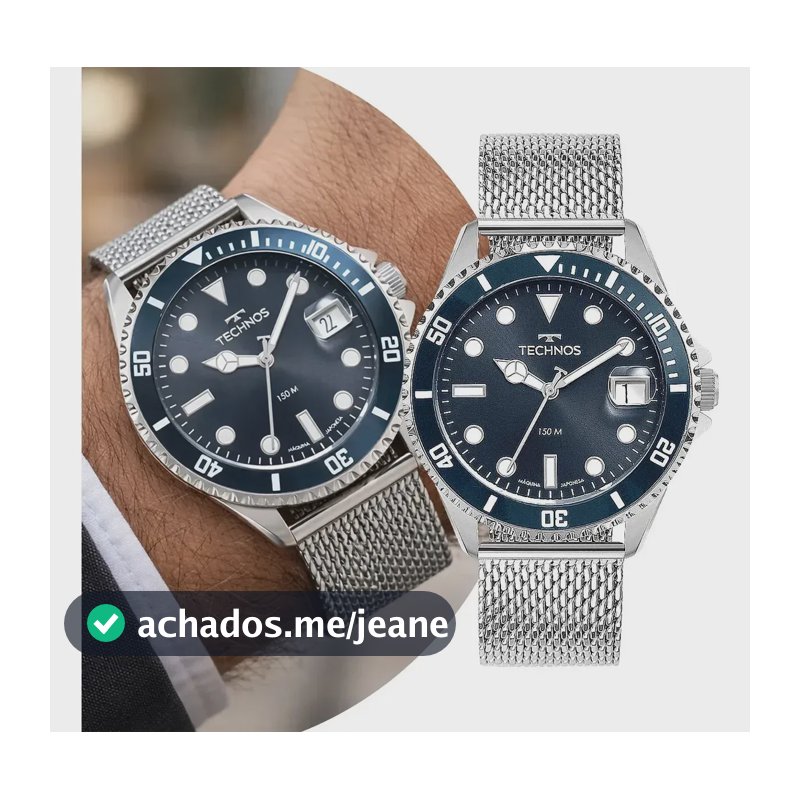 Relógio Technos Masculino de Aço Inoxidável Prata, Fundo Azul, com Calendário e Resistente à Água