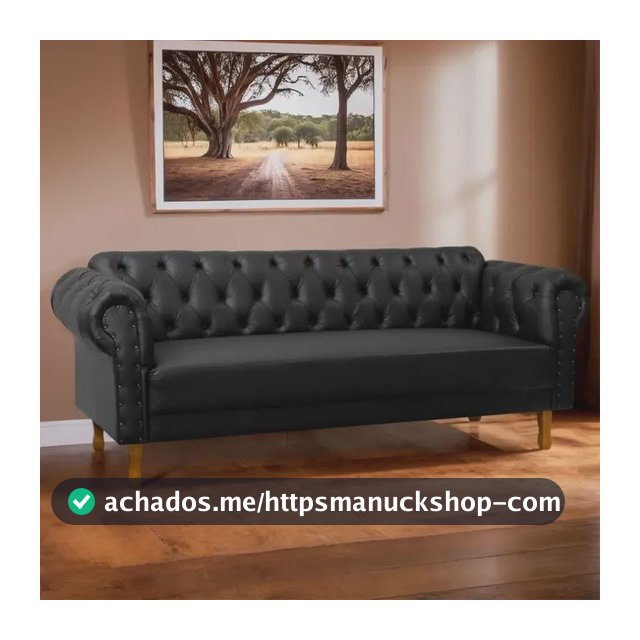 Sofá Chesterfield 200cm Para Barbearia Recepção Corino Preto Preto Liso