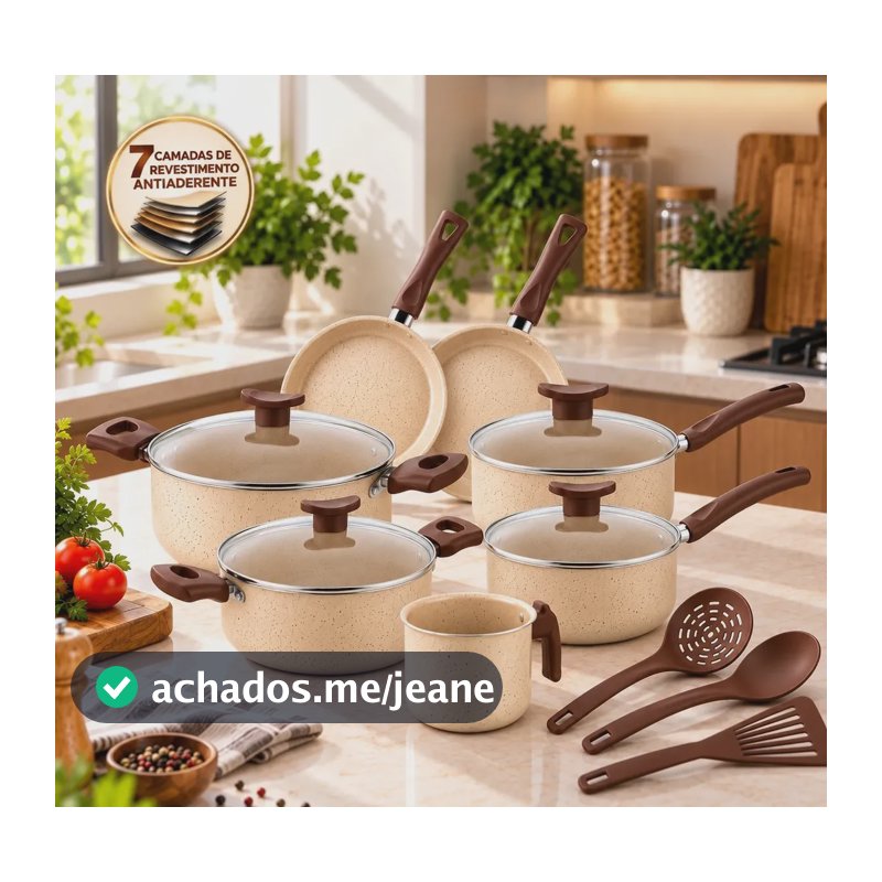 Jogo de Panelas Antiaderente 7 Camadas 10 Peças Kit Cozinha Casa Nova com Tampas de Vidro Caçarolas Frigideiras Retas Fundas Fervedor Leiteira e Utensílios Conjunto Compacto Dia a Dia Baunilha
