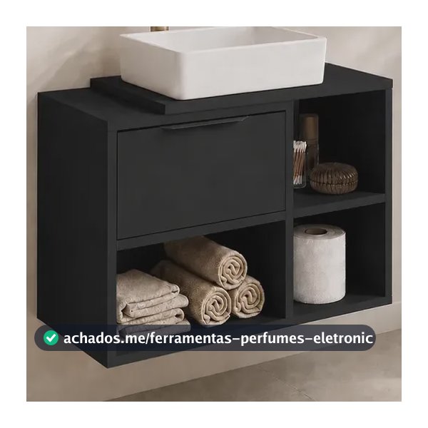 Gabinete Armário Multiuso Para Banheiro Com Porta E Nichos Preto Não Possui Cuba Sem Furos