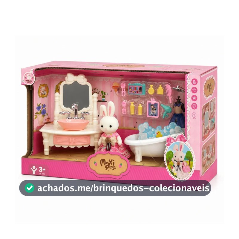 Casinha Boneca Coelho Brinquedo Infantil Mini Cenários Móveis Acessórios Coleção HopJoy Maxi Toys - Hora do Banho