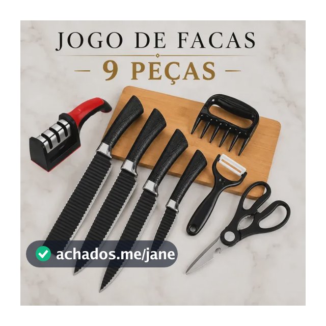 Kit Jogo De Facas Inox Conjunto 9 Peças Cozinha Churrasco Tesoura Descascador Tabua Brinde Aquattro