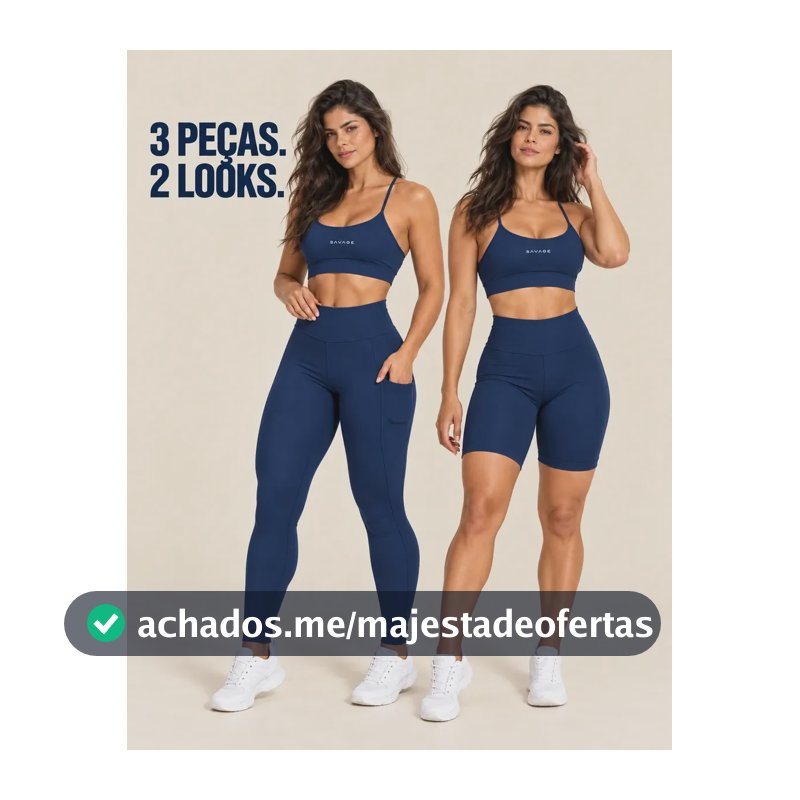 Kit Fitness Feminino: Calça Legging + Top + Shorts Cós Alto Azul-marinho Liso G